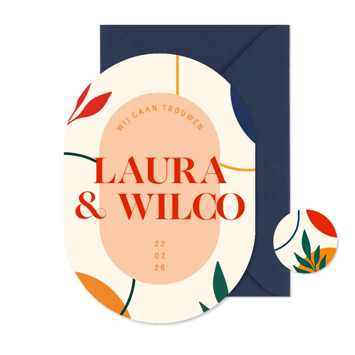 Ovale trouwkaart kunstig met abstracte vormen