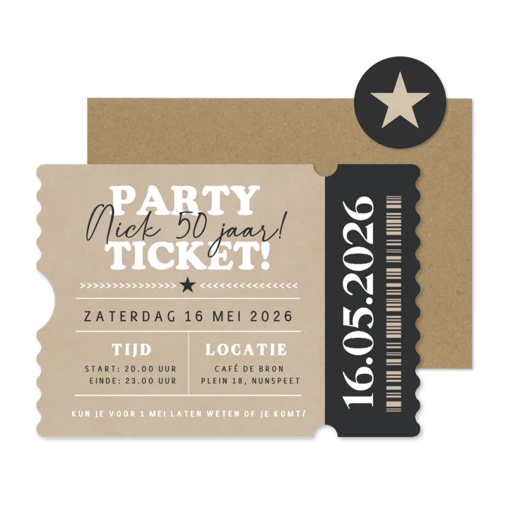 Party ticket uitnodiging kraftlook in echte ticket vorm