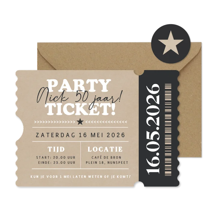 Party ticket uitnodiging kraftlook in echte ticket vorm
