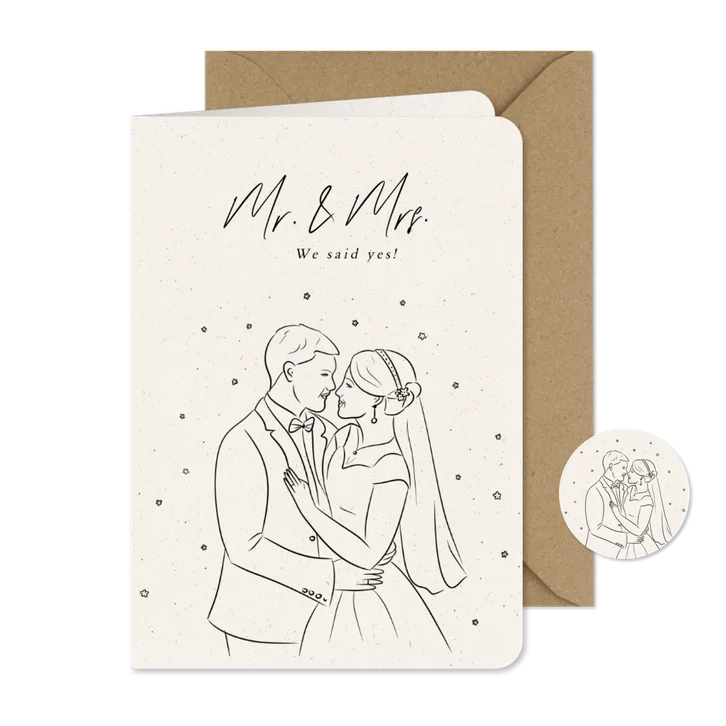 Pas getrouwd kaartje met lijntekening mr. mrs.