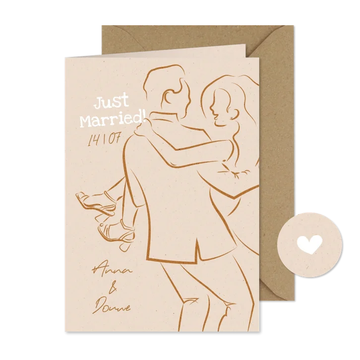 Pas getrouwd stijlvolle lijntekening verliefd bruidspaar