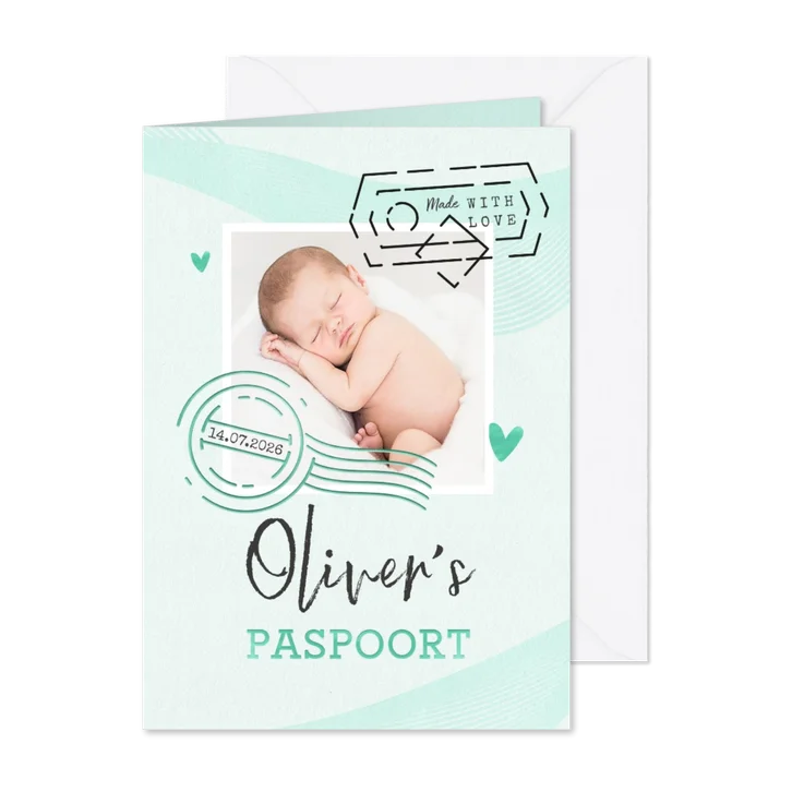 Paspoort geboortekaartje unisex mintgroen made with love