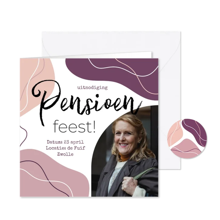 Pensioenfeest uitnodiging abstracte vormen met foto paars