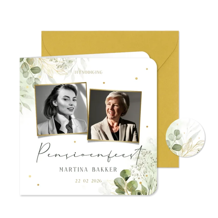 Pensioenfeest uitnodiging botanische takjes met 2 foto's