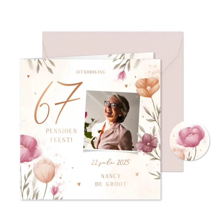 Pensioenfeest waterverf bloemen met foto en koperen hartjes