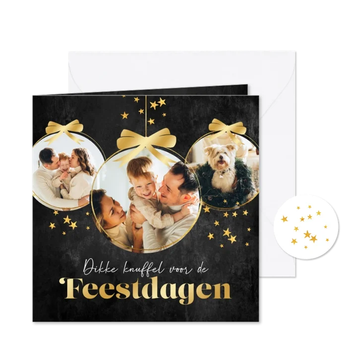 Persoonlijke kerstkaart kerstballen foto goud strik sterren
