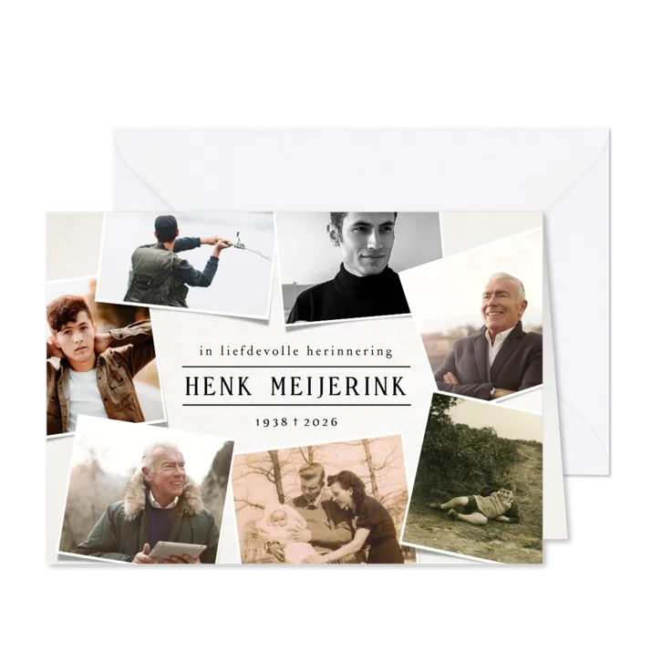 Persoonlijke moderne rouwkaart fotocollage met 7 foto's