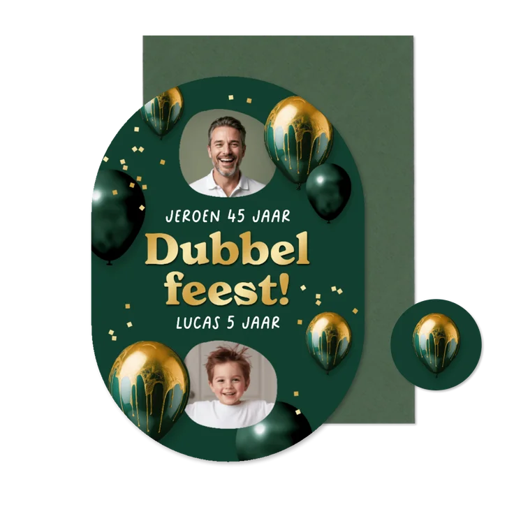 Pilvorm uitnodiging dubbel feest verjaardag ballonnen groen