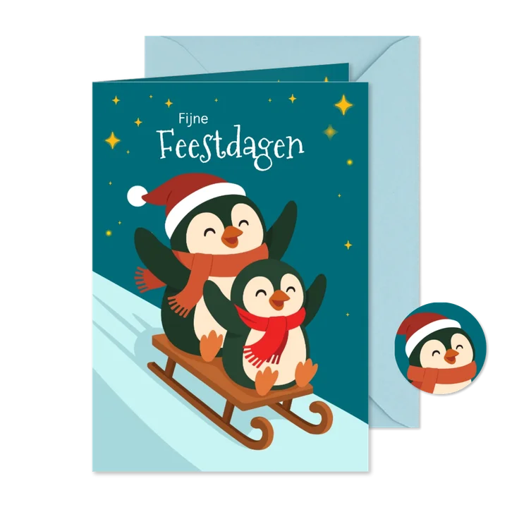 Pinguins op slee kerstkaart