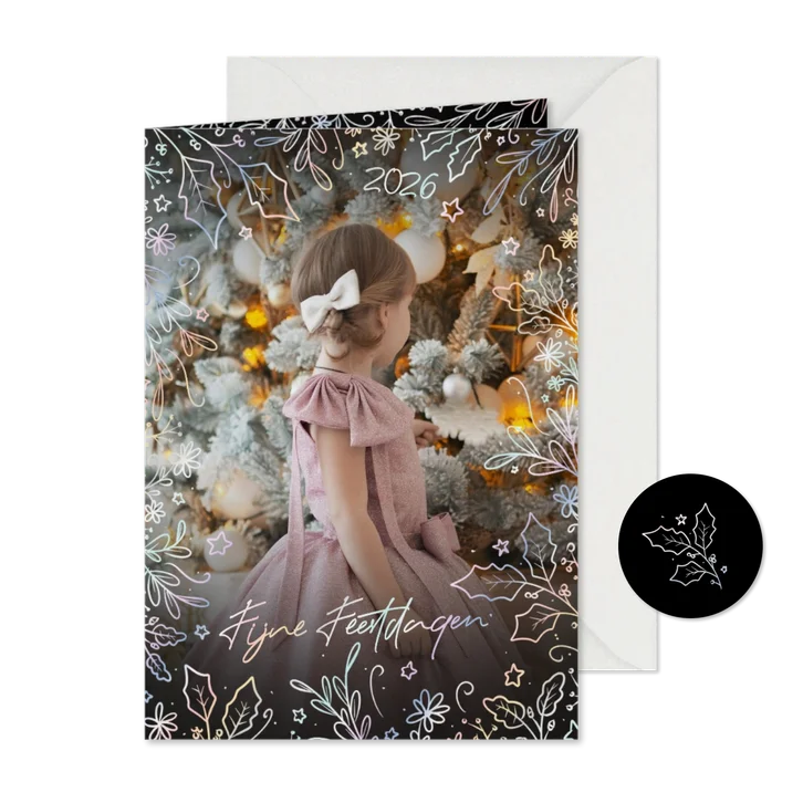 Prachtige foto kerstkaart met holografisch botanisch kader