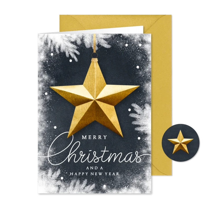 Prachtige kerstkaart gouden ster op zwart krijtbord