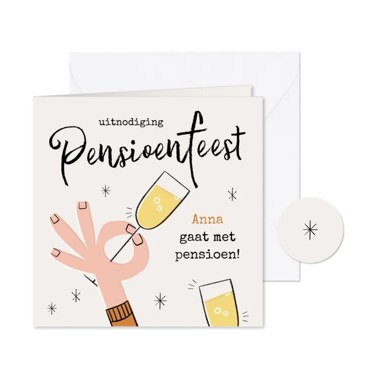 Retro uitnodiging pensioenfeest met proostende handjes licht
