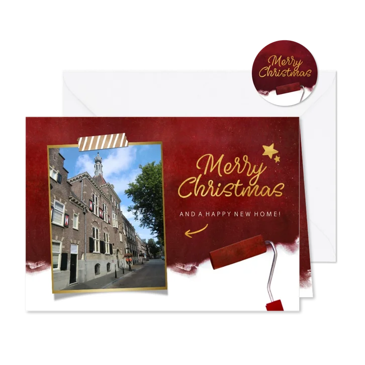 Rode kerst verhuiskaart met verfroller en eigen foto