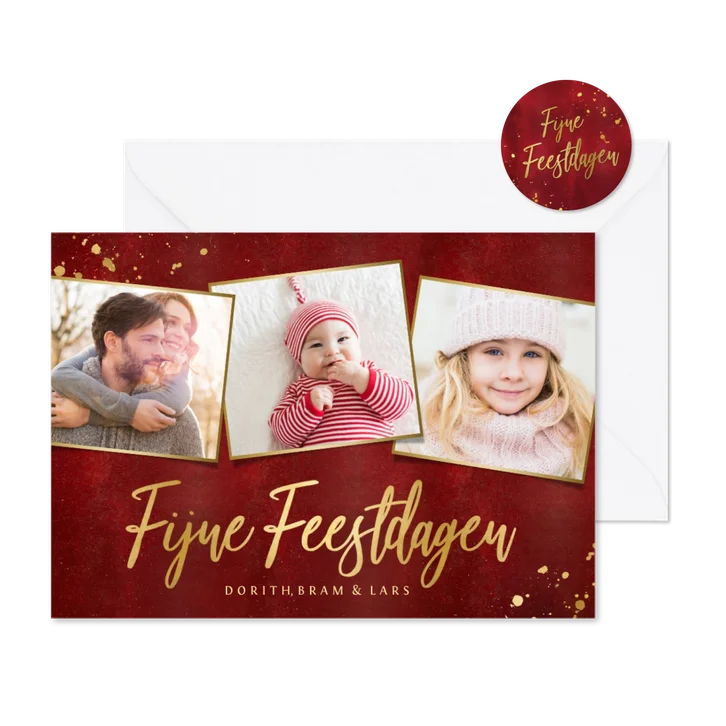 Rode kerstkaart fotocollage 3 foto's gouden tekst