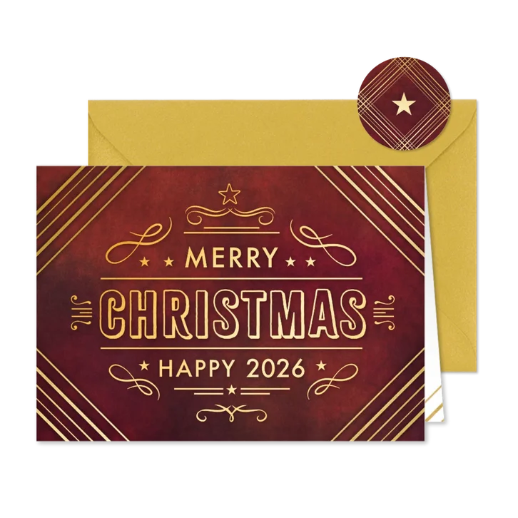 Rode kerstkaart Merry Christmas in art deco letters goud