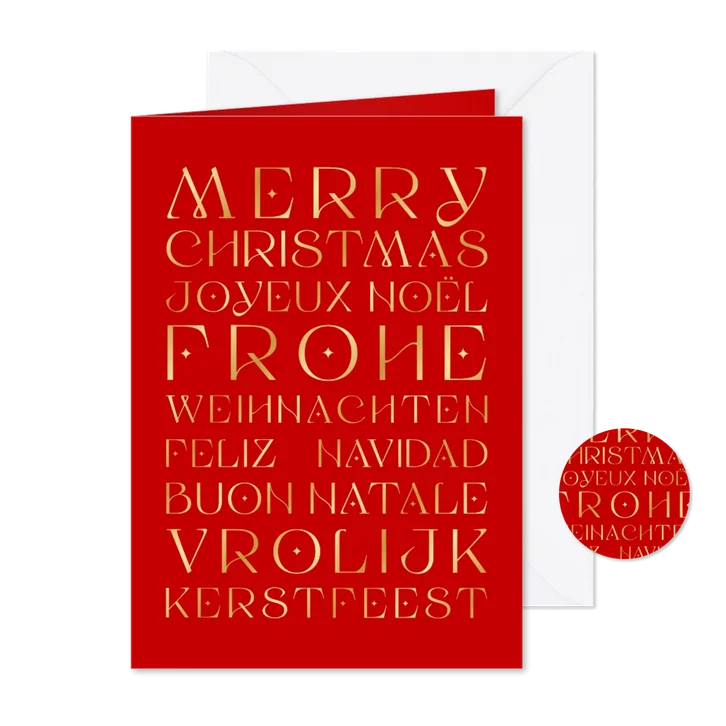 Rode kerstkaart met verschillende talen in goud