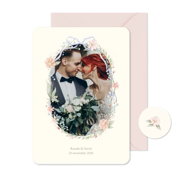 Romantische bedankkaart strik met foto en aquarel bloemen
