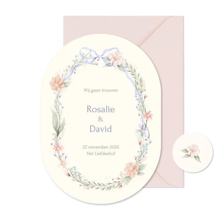 Romantische ovale trouwkaart strik met aquarel bloemen