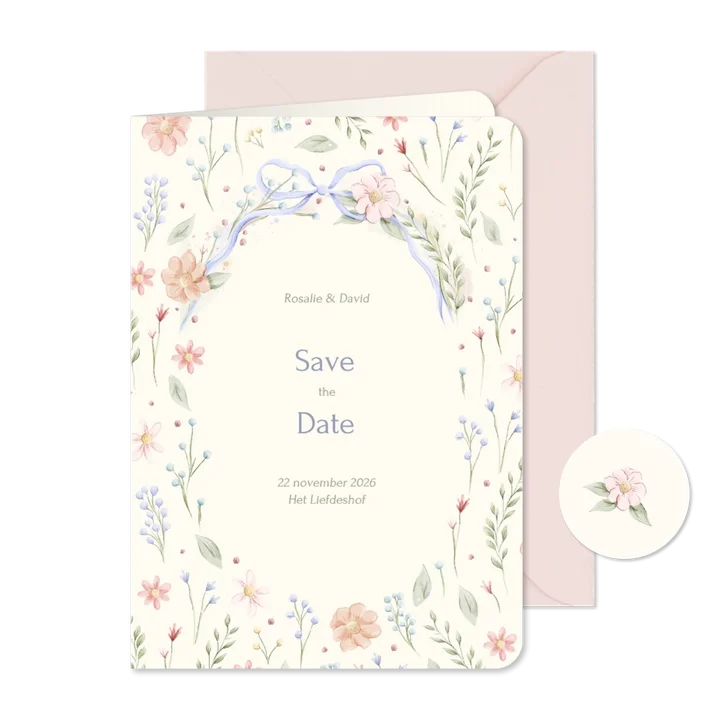 Romantische save the date kaart strik met aquarel bloemen