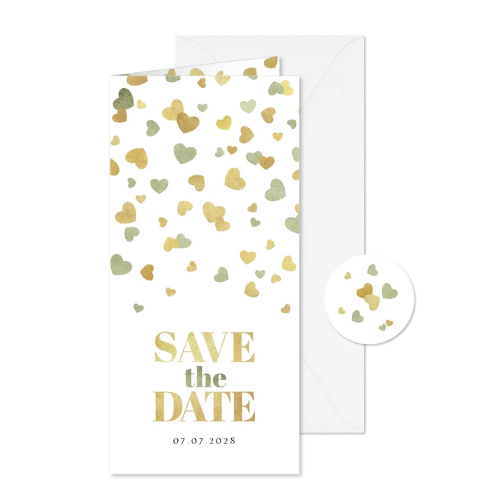 Romantische save the date uitnodiging hartjes goud groen
