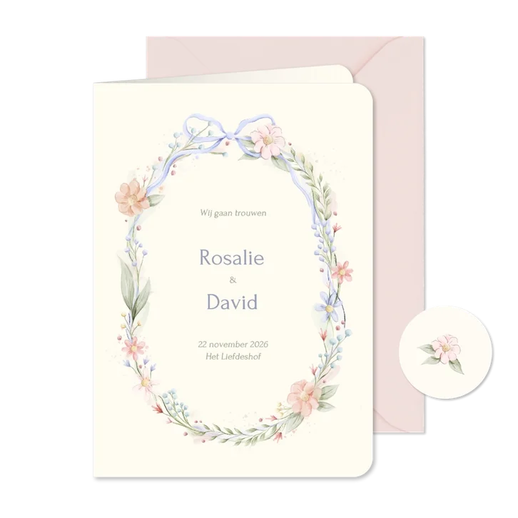 Romantische trouwkaart strik met aquarel bloemen