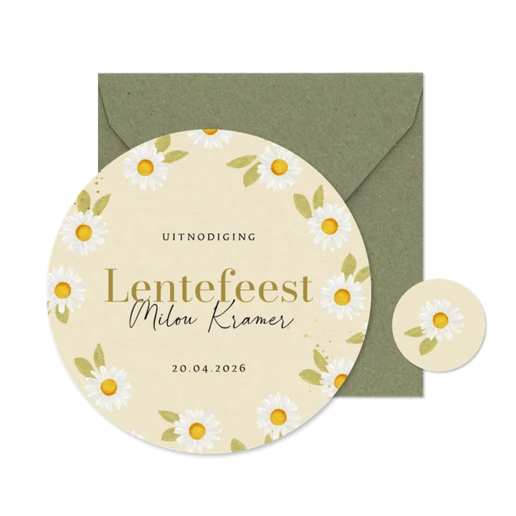 Rond communiekaartje madeliefjes waterverf goud spetters