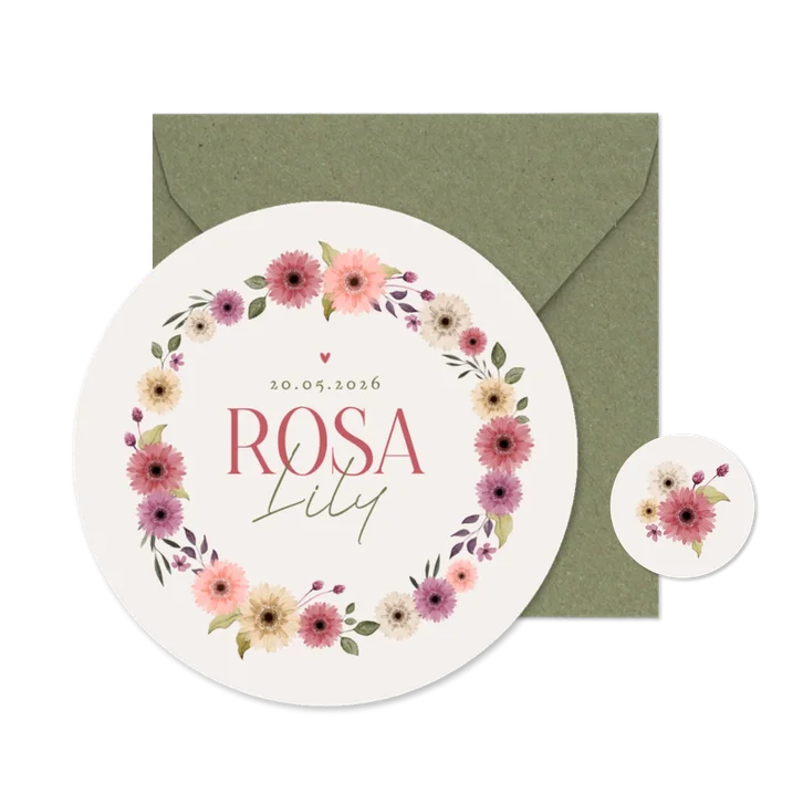 Rond geboortekaartje bloemen lente krans vintage lief