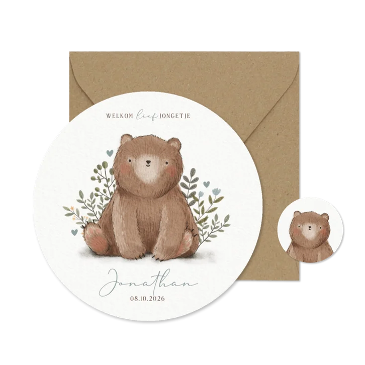 Rond geboortekaartje jongetje met beer plantjes en hartjes