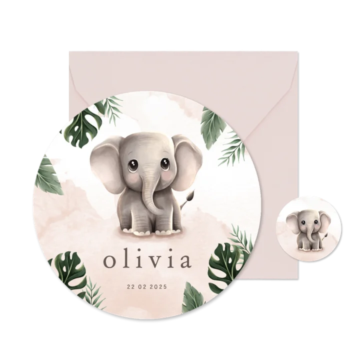 Rond geboortekaartje lief olifantje roze jungle thema
