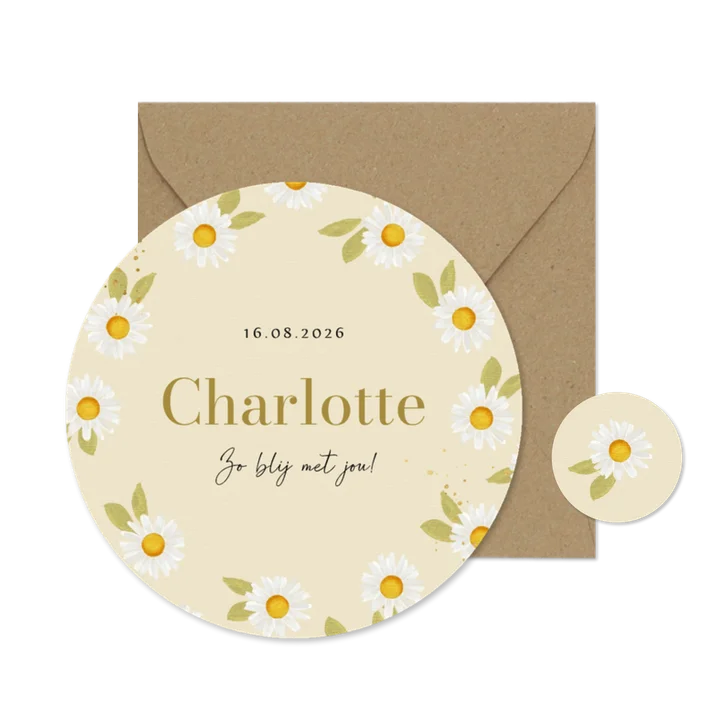 Rond geboortekaartje madeliefjes waterverf goud spetters