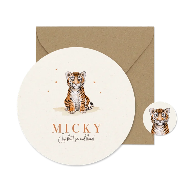 Rond geboortekaartje schattig tijger welpje baby unisex