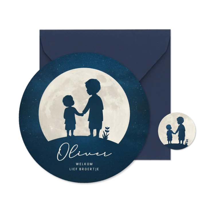 Rond geboortekaartje silhouet 2 broertjes in volle maan