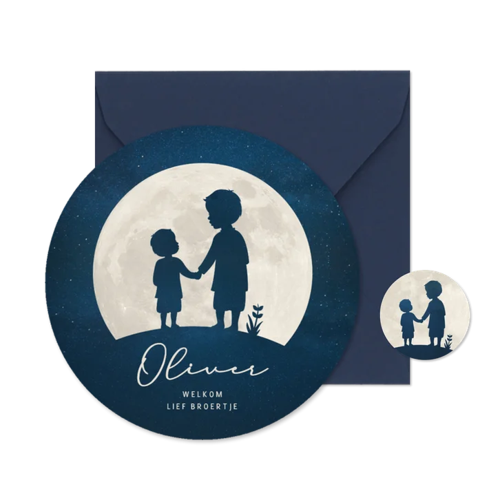 Rond geboortekaartje silhouet 2 broertjes in volle maan