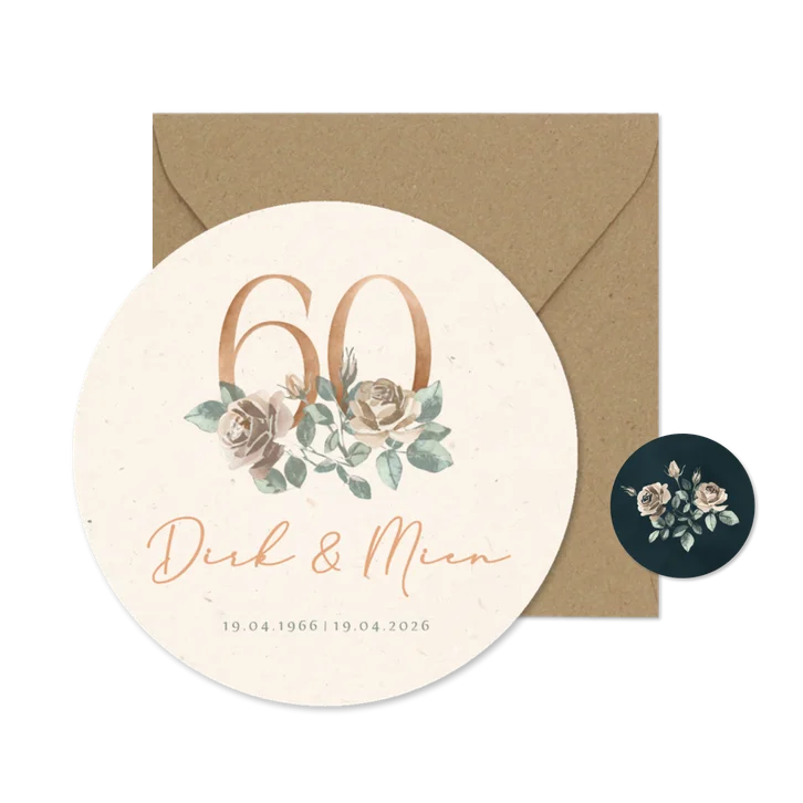 Ronde jubileum uitnodiging 60 jaar met bloemen