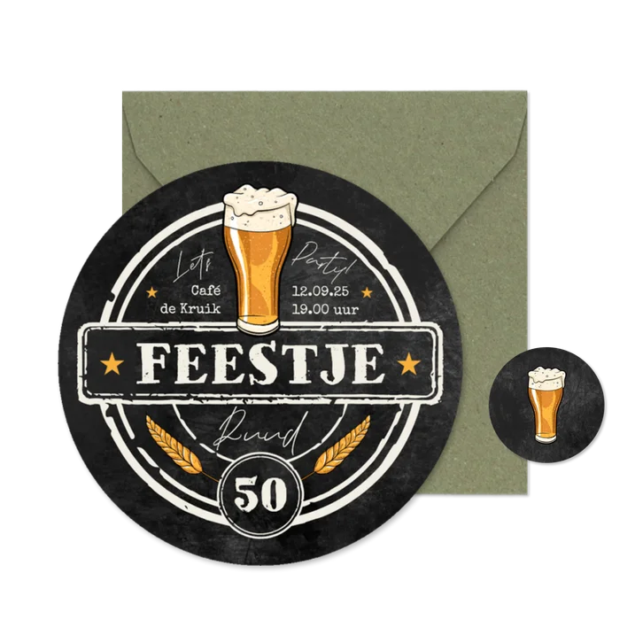 Ronde kaart bierviltje krijtbord stoer verjaardag feestje 50