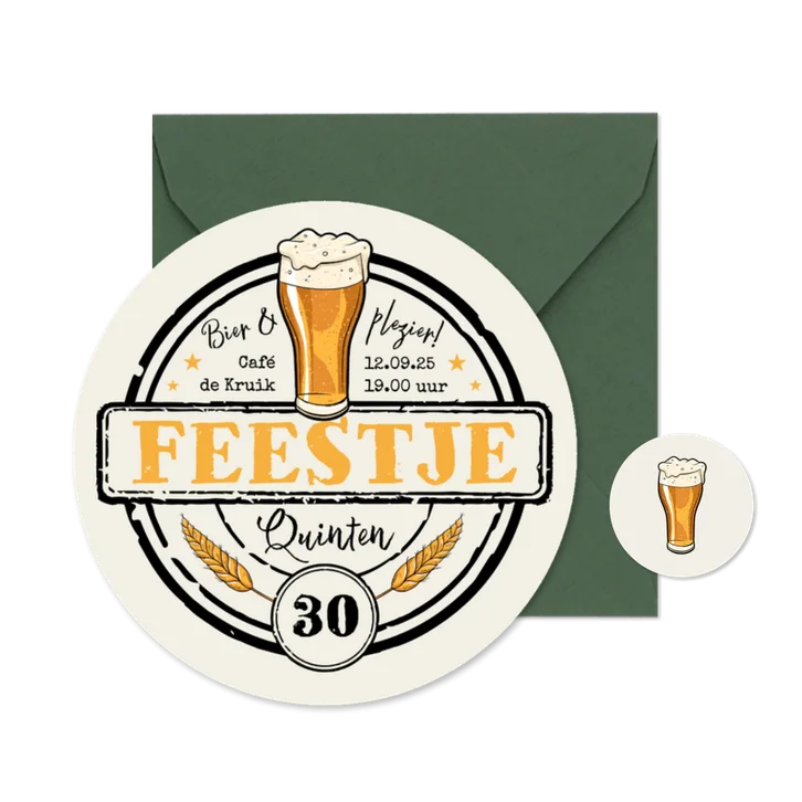 Ronde kaart bierviltje uitnodiging verjaardag bier stoer