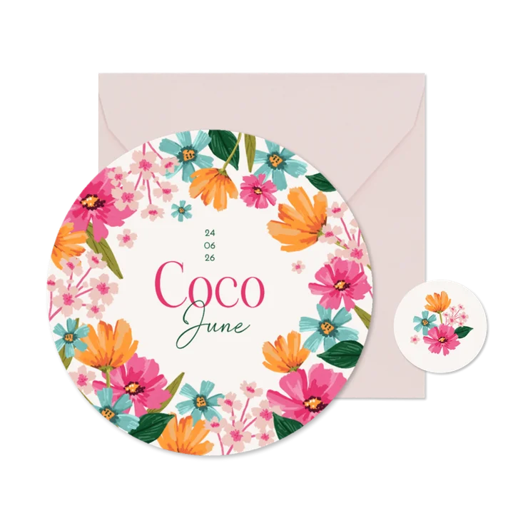 Ronde kaart geboortekaartje meisje bloemen lente zomer kleur