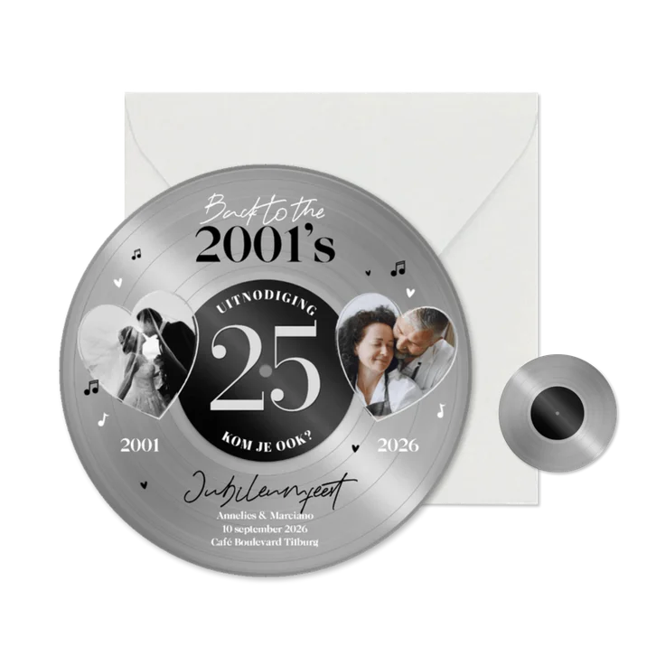 Ronde kaart jubileumfeest zilveren plaat vinyl 25 jaar feest