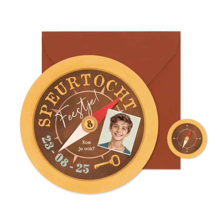 Ronde kaart kompas speurtocht kinderfeestje foto uitnodiging