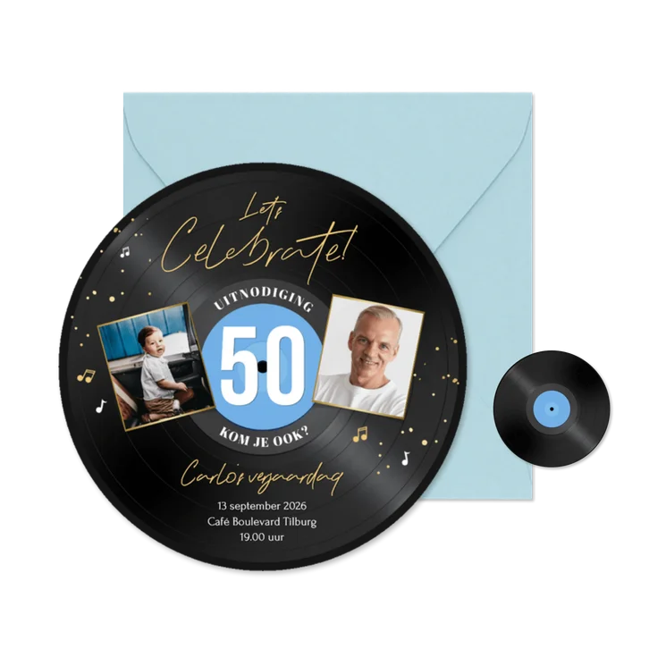 Ronde kaart LP vorm uitnodiging 50 jaar muziek feestje