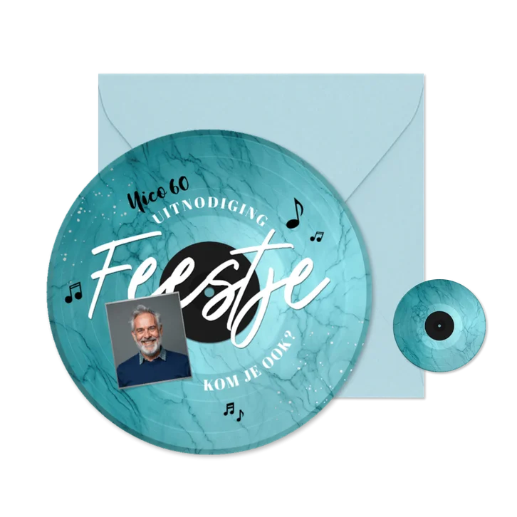 Ronde kaart marble vinyl LP blauw feestje man 60 jaar muziek
