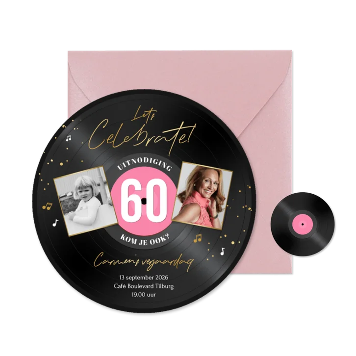 Ronde kaart roze LP vorm uitnodiging 60 jaar muziek feestje
