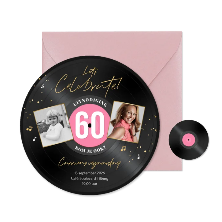 Ronde kaart roze LP vorm uitnodiging 60 jaar muziek feestje