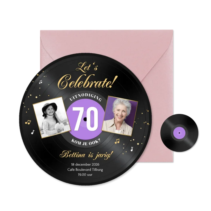 Ronde kaart roze LP vorm uitnodiging 70 jaar muziek feestje