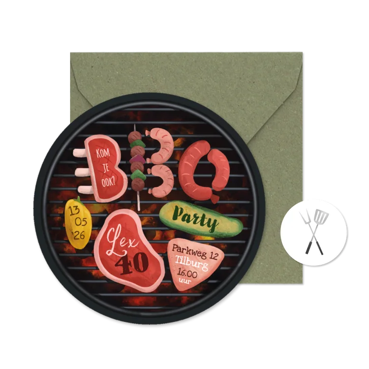 Ronde kaart uitnodiging BBQ party verjaardag