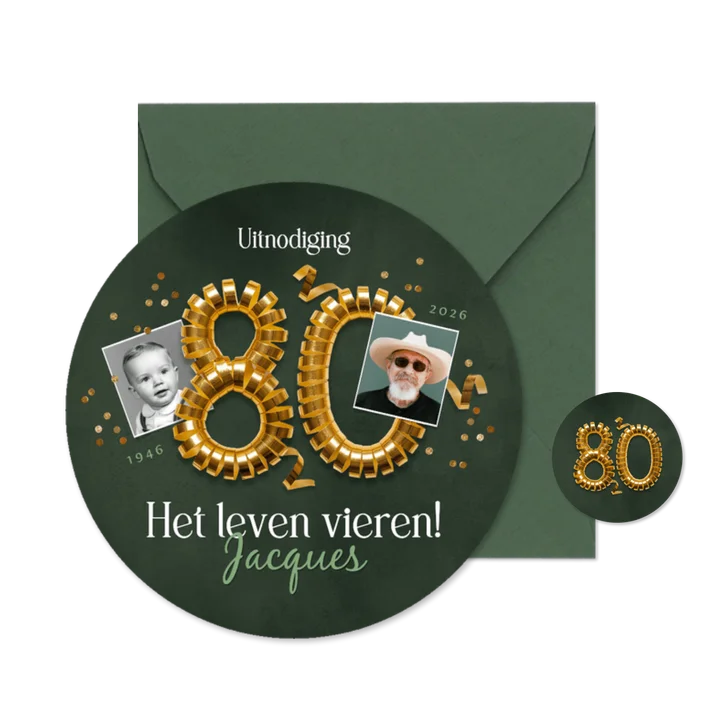 Ronde kaart uitnodiging verjaardag feest 80 jaar foto goud