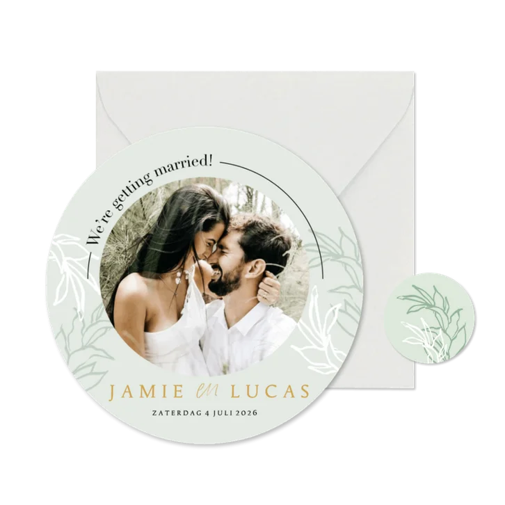 Ronde moderne trouwkaart botanische bladeren