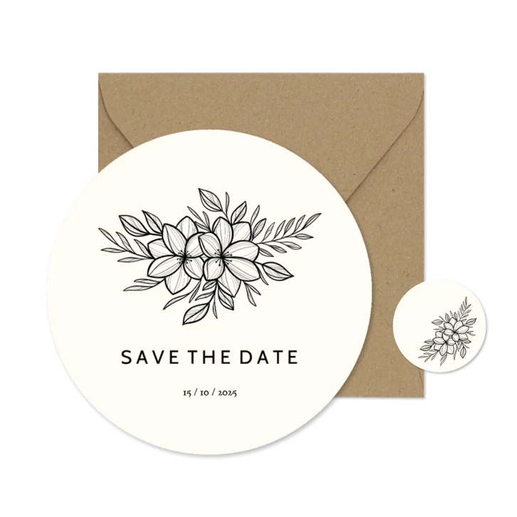Ronde save the date zwarte lijntekening van bloemen