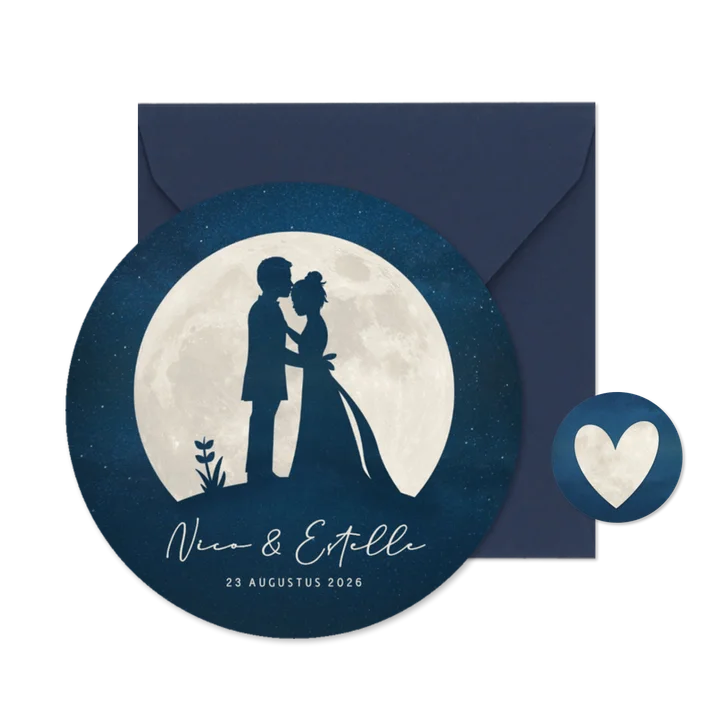 Ronde trouwkaart volle maan met silhouet bruidspaar