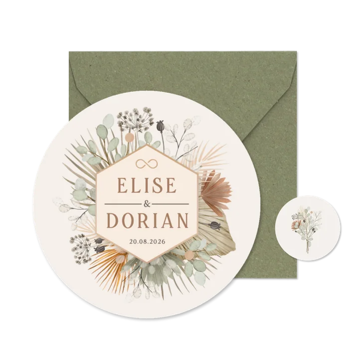 Ronde uitnodiging trouwen droogbloemen en eucalyptus